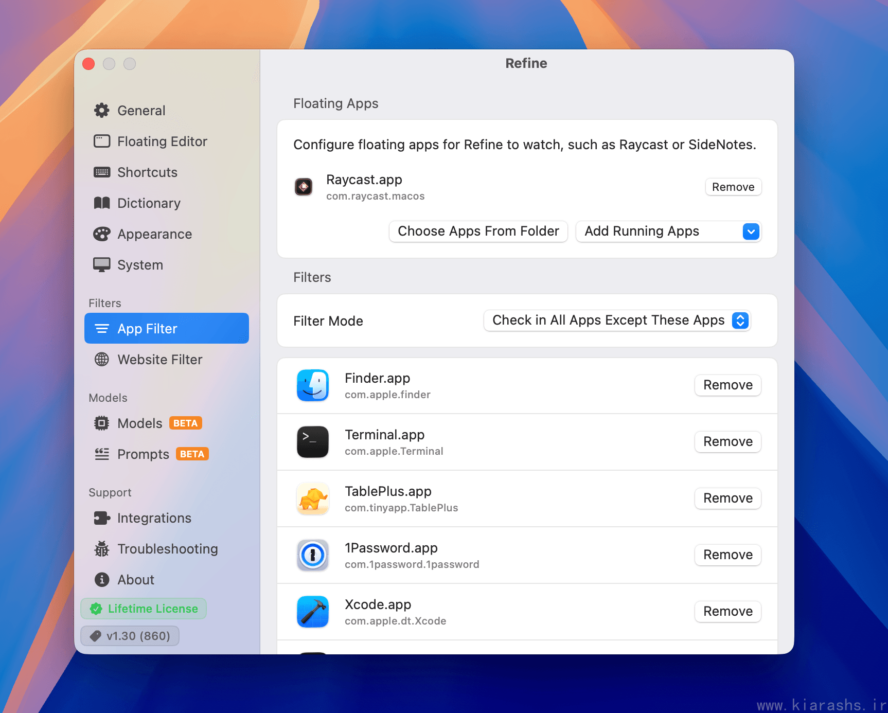 App filter settings showing which apps Refine checks