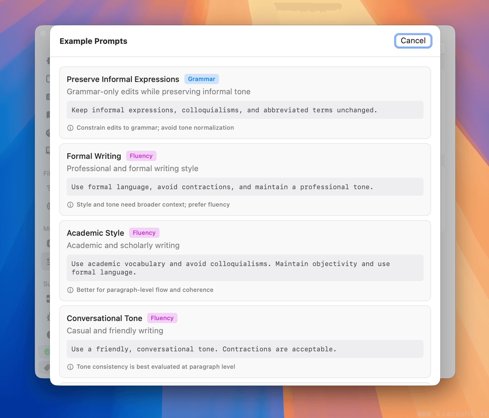 Custom instructions for grammar and fluency checks