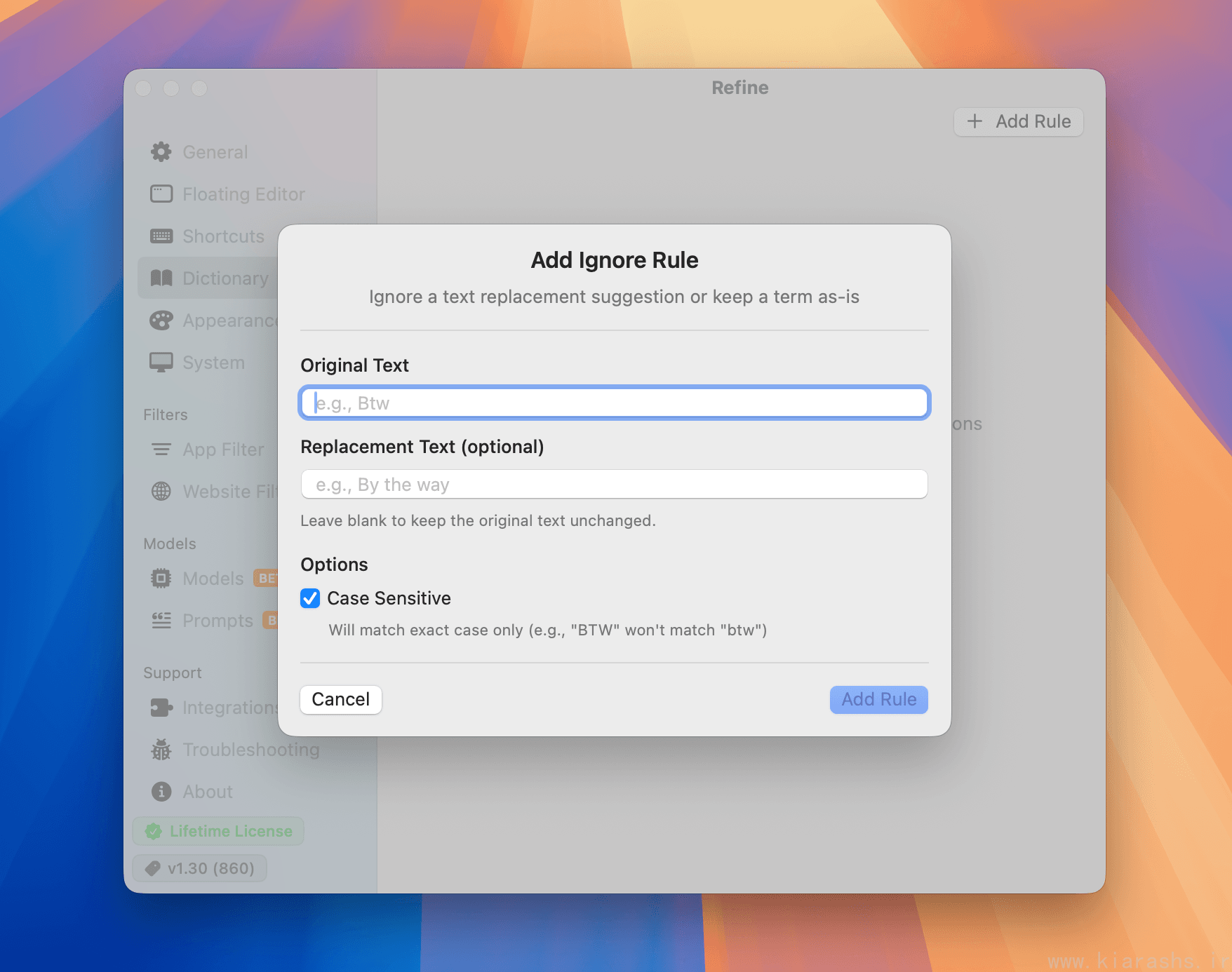 Dictionary settings for ignoring specific words