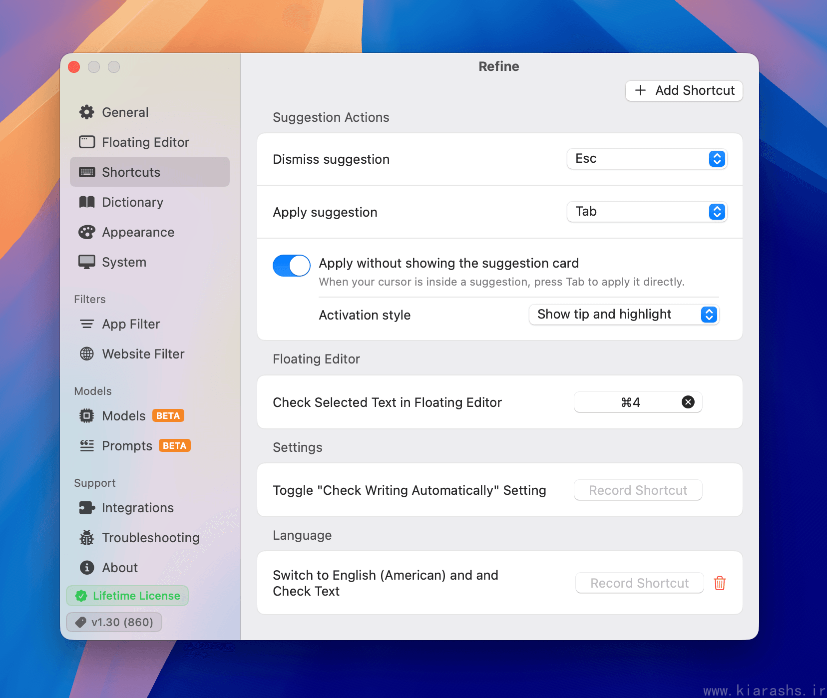 Keyboard shortcut customization screen
