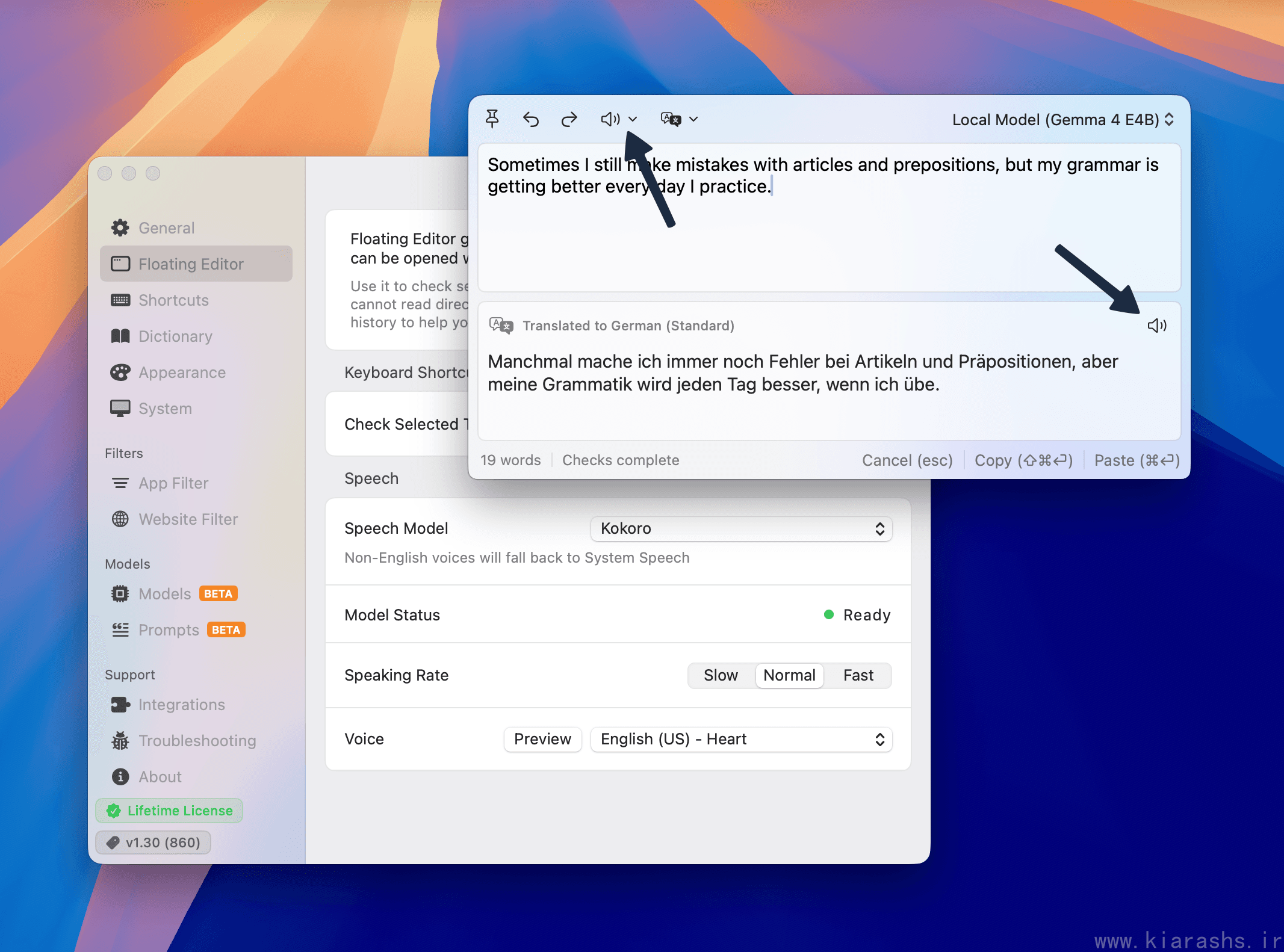 Text-to-speech controls in the Floating Editor